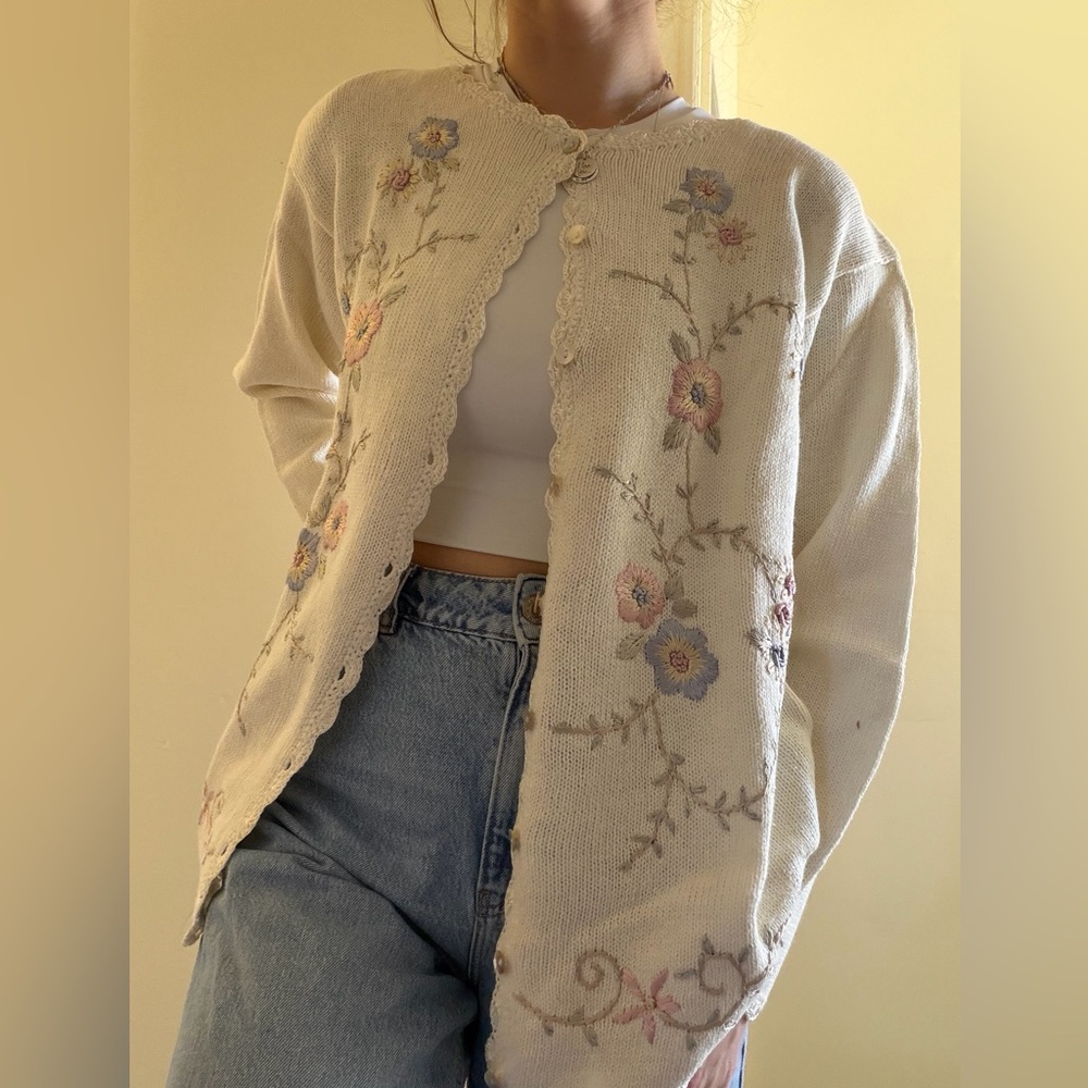 Cream Floral Embroidered Button-Up Sweater Cardigan